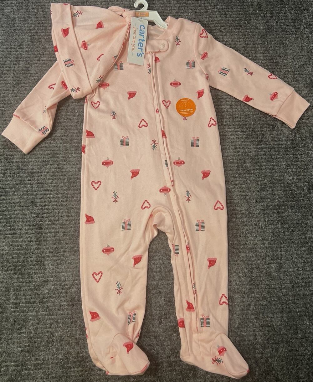 Carter’s Baby Girl 6M Christmas Footed Sleeper Hat 2 Piece Set NWT